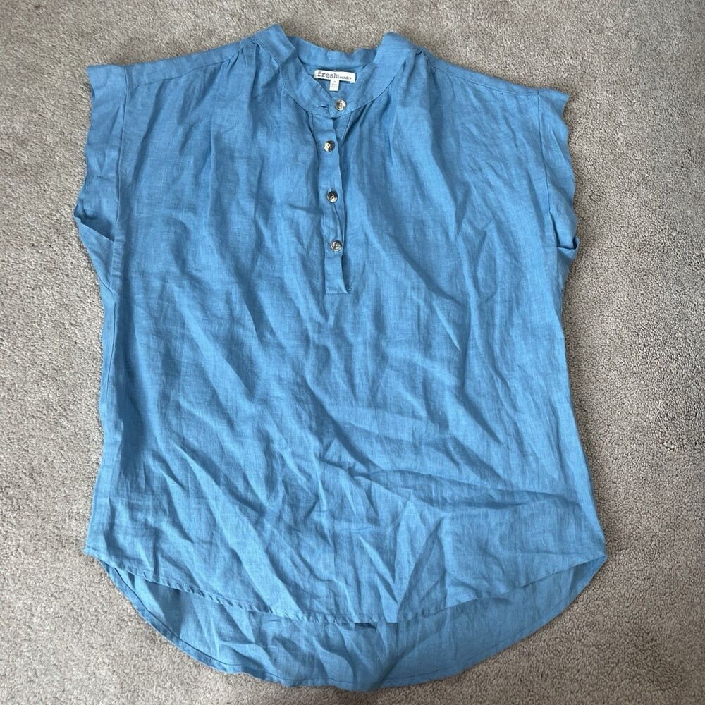 Fresh Laundry 100% Linen Shirt Womens Medium Blue Button Lagenlook Coastal Beach